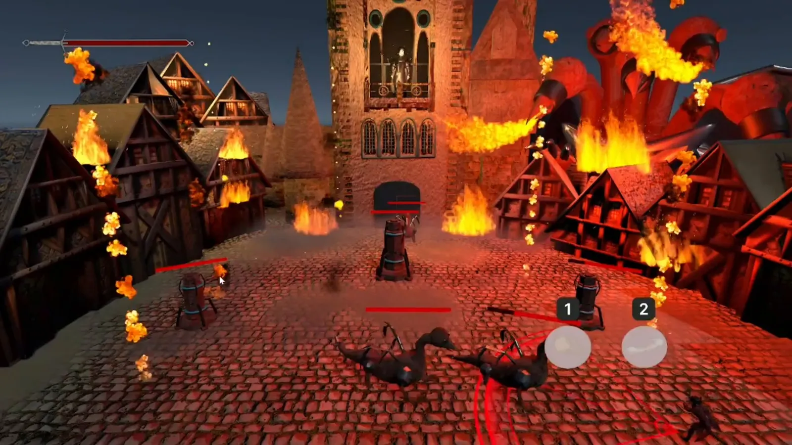 The boss fight in front of the city hall, with a many-headed creature breathing fire