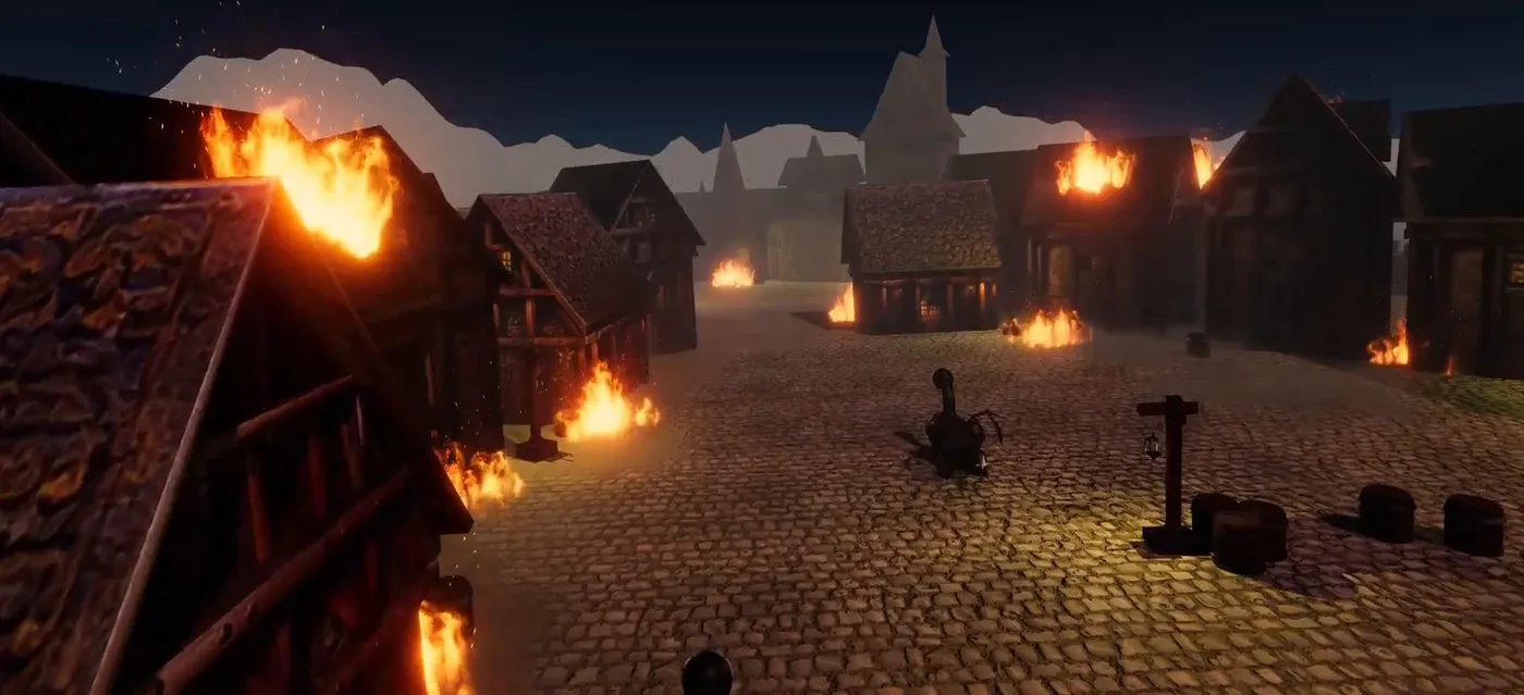 The medieval city of Raveleijn at night, with fires burning on the rooftops