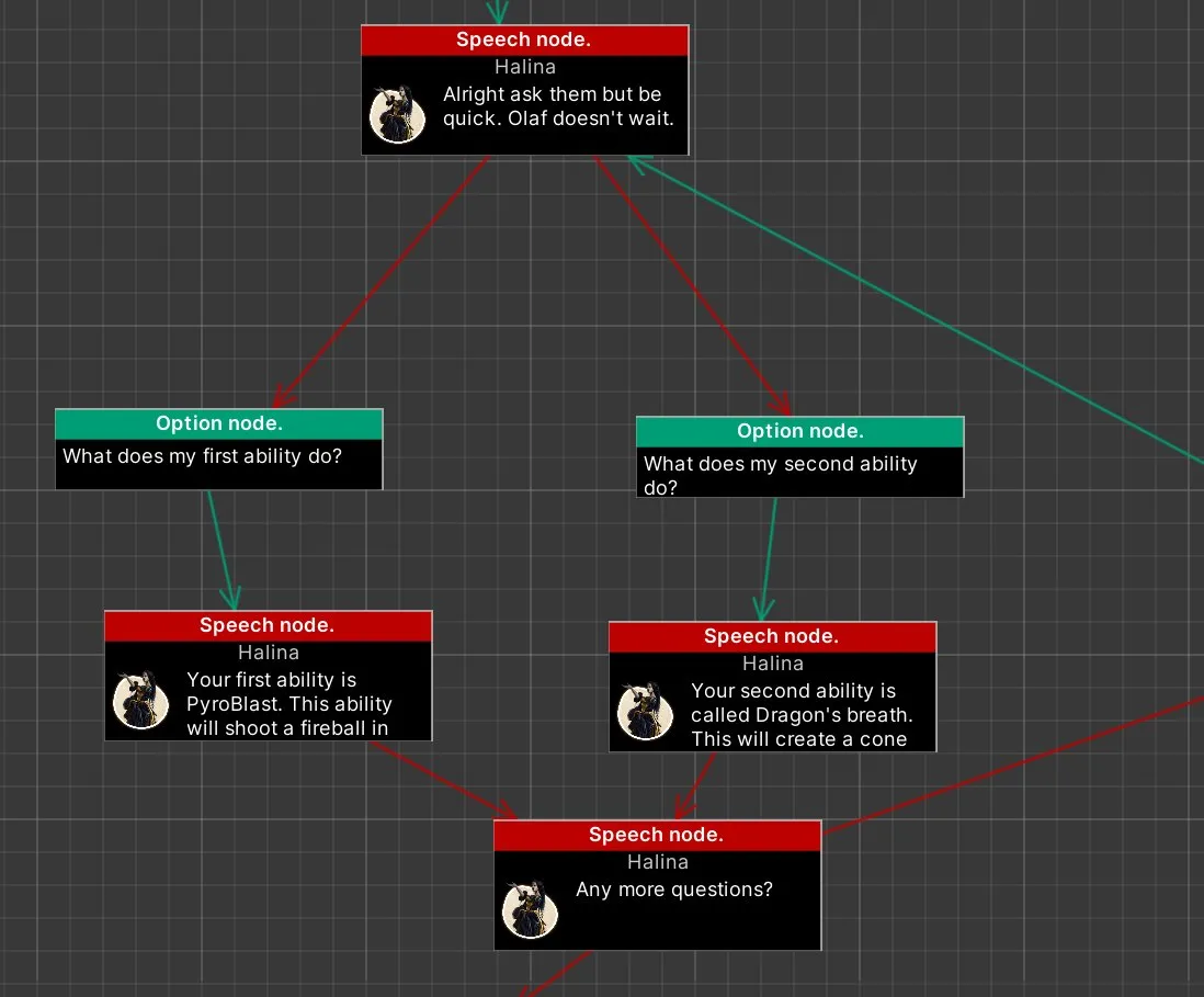 A node-based dialogue tree in which Halina explains the player's two abilities