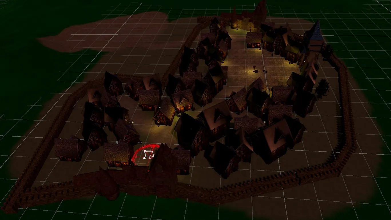 Top view of the medieval city of Raveleijn in Unity at night
